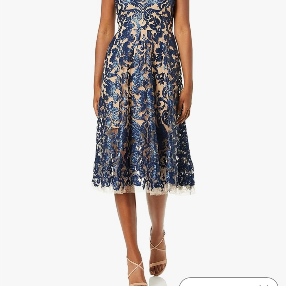 Chic Blue Lace Dress with Cream Underlay